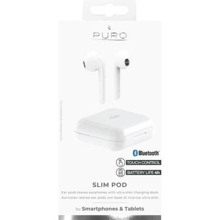 Puro Slim Pod Tws 5.0 – Bezprzewodowe Słuchawki Bluetooth V5.0 Z Etui Ładującym, Wodoszczelność Ipx5 (Biały)